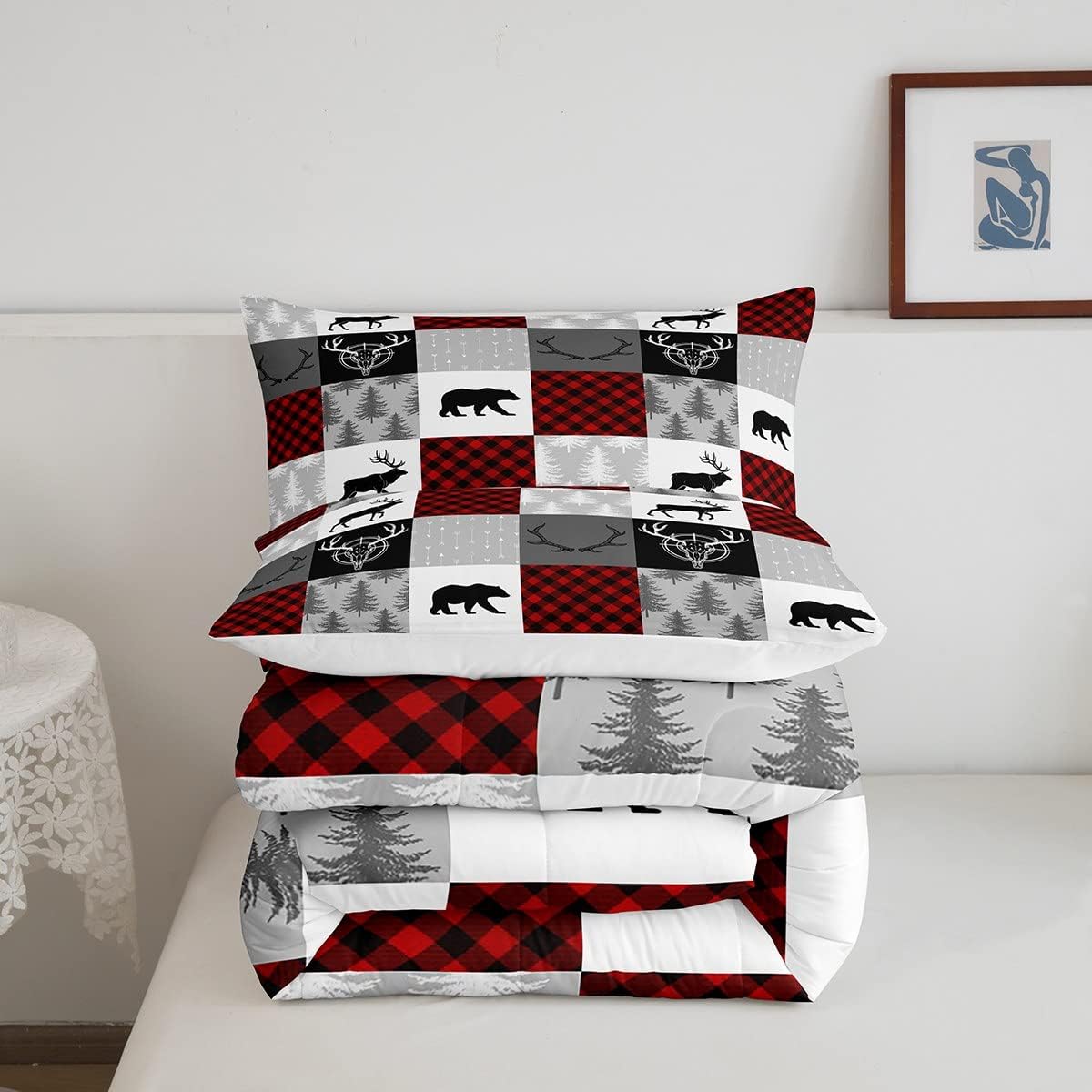 Castle Fairy Juego de edredón de tamaño Queen con diseño de oso de ciervo a cuadros, juego de ropa de cama de retazos con 2 fundas de almohada,