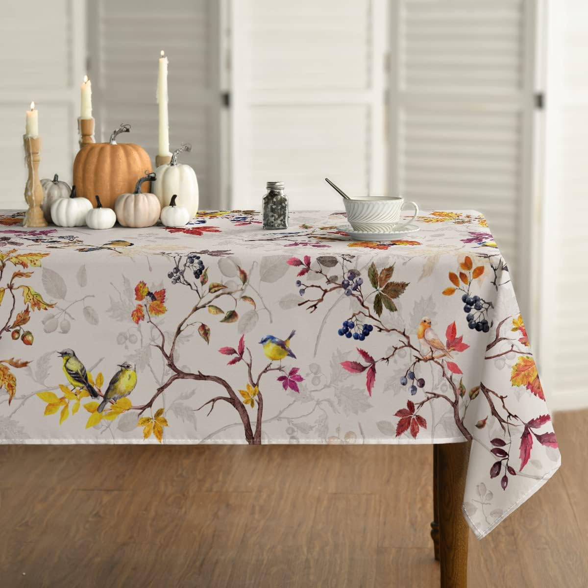 Horaldaily Mantel de otoño de 60 x 84 pulgadas, decoración de mesa de Acción de Gracias, cosecha de otoño, acuarela, pájaros, árboles, para fiesta,