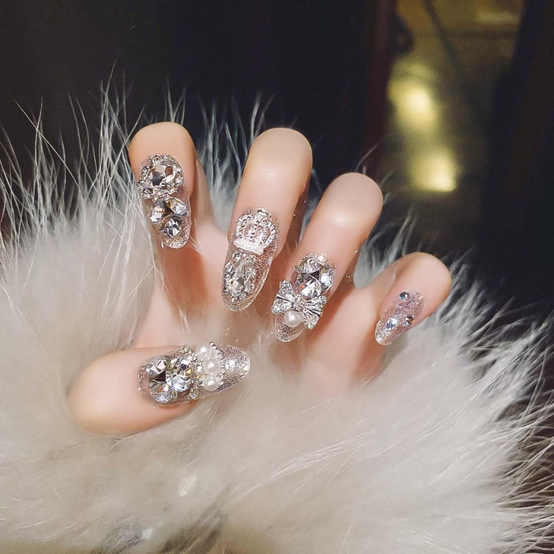 Uñas postizas a presión de almendra, ovaladas, medianas, uñas postizas acrílicas con diamantes de imitación 3D, diseños de lazo con purpurina en