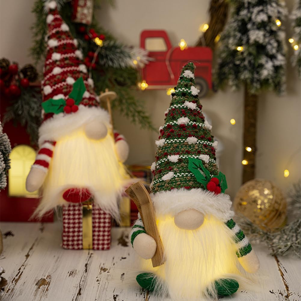 FIALAME Paquete de 2 gnomos de Navidad iluminados para decoración de muñecas de felpa para el hogar, adornos de mesa, muñeca elfo con luces LED,