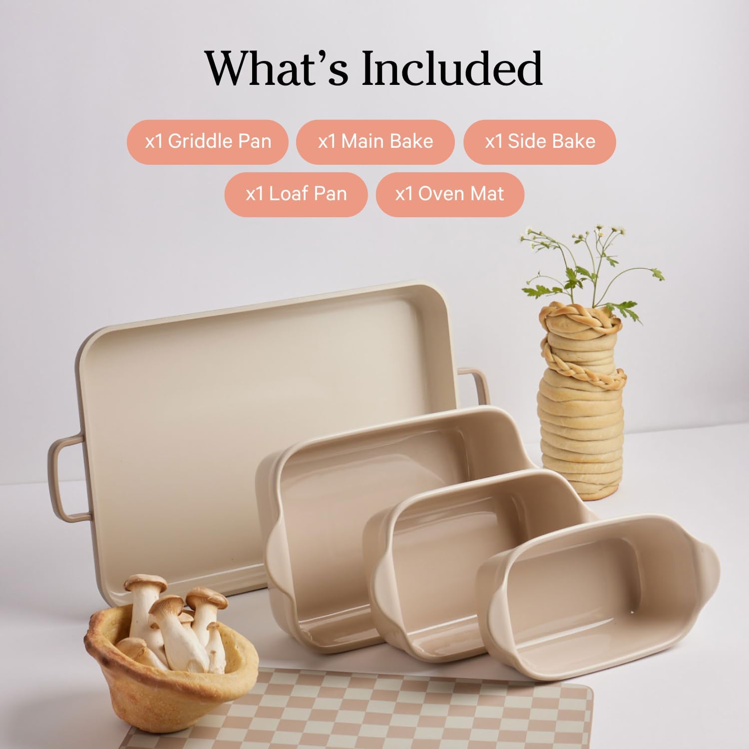 Our Place Ovenware – Juego de 5 piezas antiadherentes, sin toxinas, cerámica y cerámica con bandeja para horno, panaderos y alfombrilla para horno,