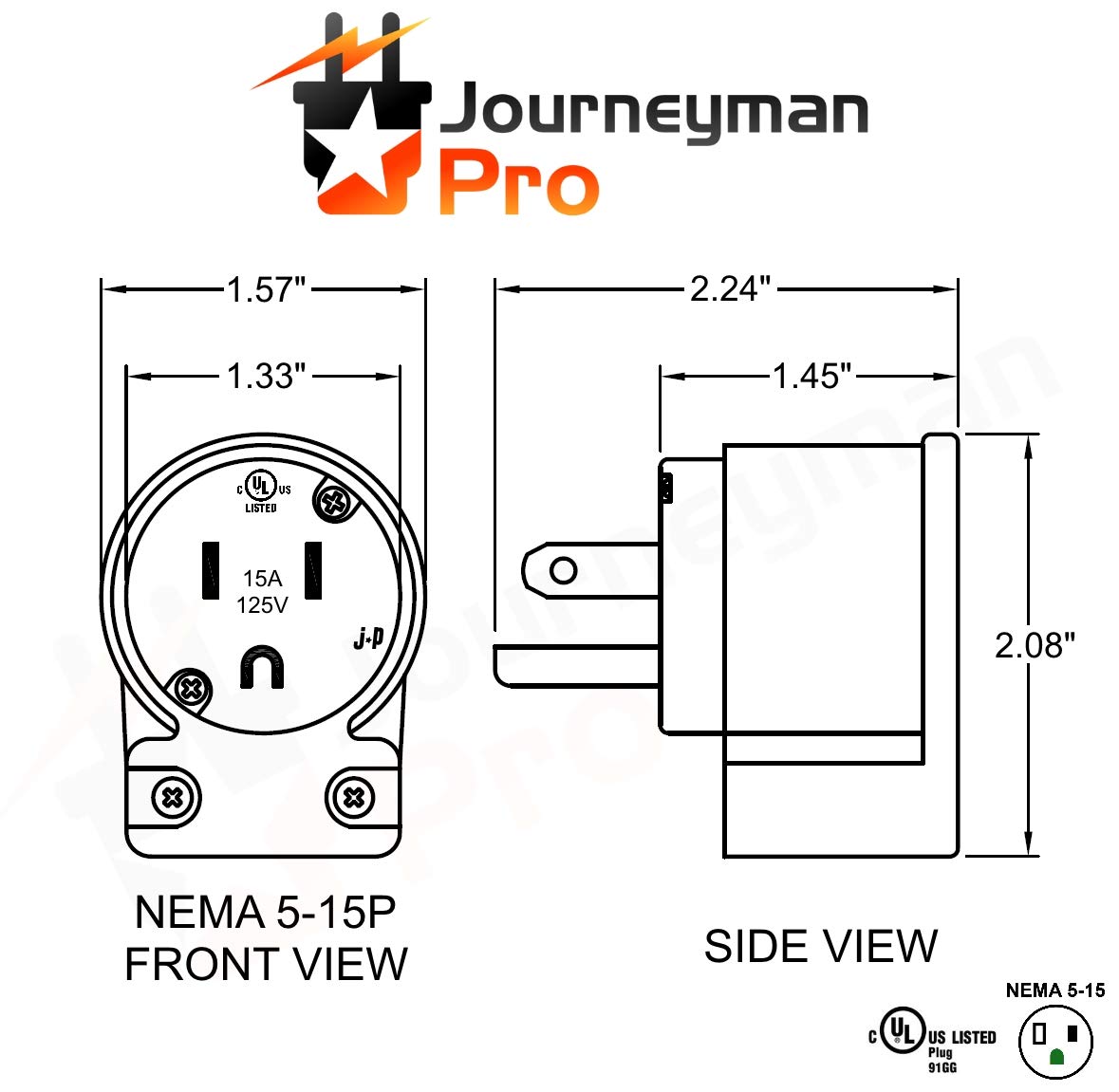 Journeyman-Pro 515AN 15 Amp 120-125 voltios, NEMA 5-15P, 2 polos, 3 cables, hoja recta, enchufe macho de ángulo recto de 90 grados, salida de