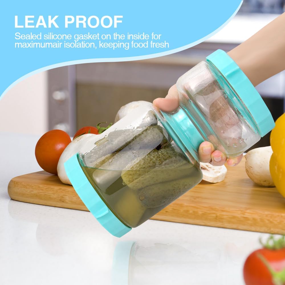 SOPHICO Contenedor de vidrio para pepinillos y aceitunas con colador, separador de jugo a prueba de fugas, almacenamiento de alimentos con reloj de