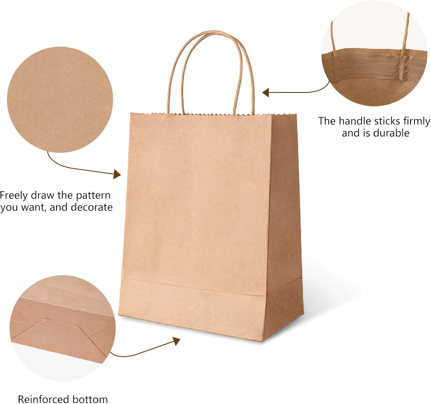 TOWRAP Bolsas de papel marrón con asas, 25 unidades, 8 x 4.25 x 10.5 pulgadas, bolsas de regalo de papel kraft a granel, bolsas de compras, bolsas