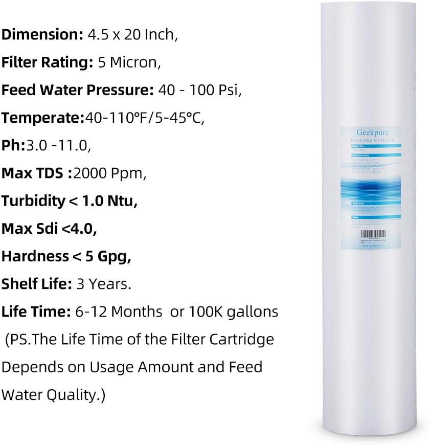 Geekpure Filtro de sedimento PP de polipropileno para toda la casa de 20 pulgadas – 4.5 “x 20”-5 micras