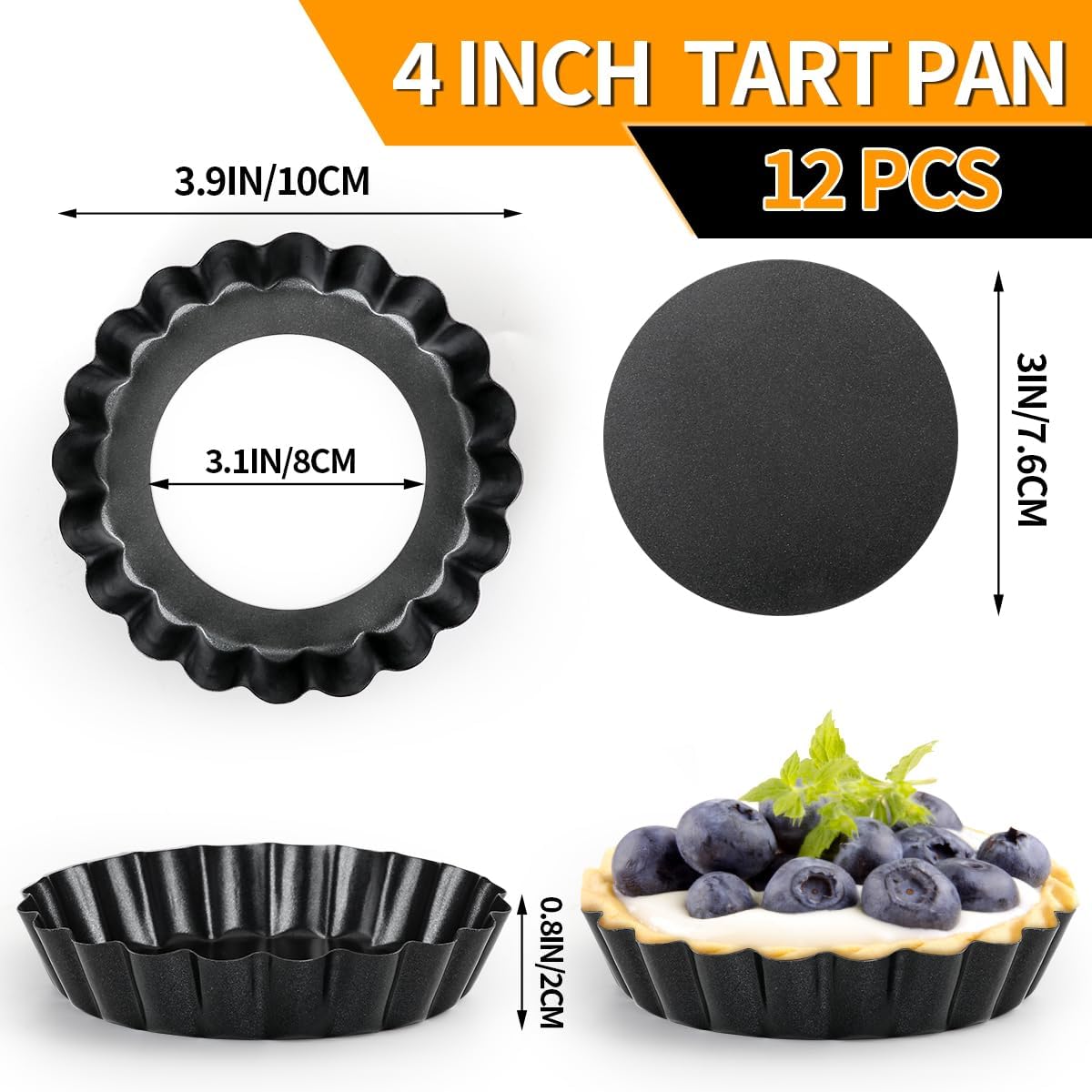Juego de 12 moldes para tartas de 4 pulgadas, mini sartenes para tartas con fondo suelto, antiadherentes, redondos, mini quiche, reutilizables, de