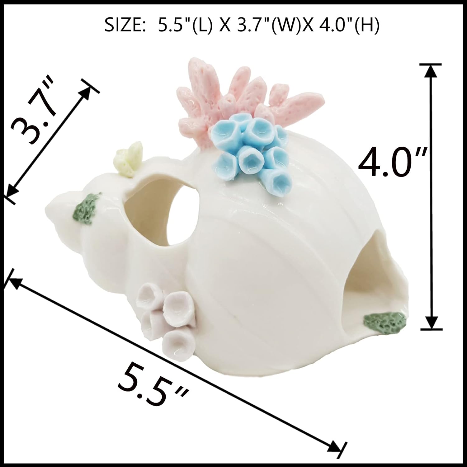 Decoración de acuario con tres agujeros para pasar u ocultar de forma segura, caracola de cerámica blanca con tres agujeros para peces Betta para