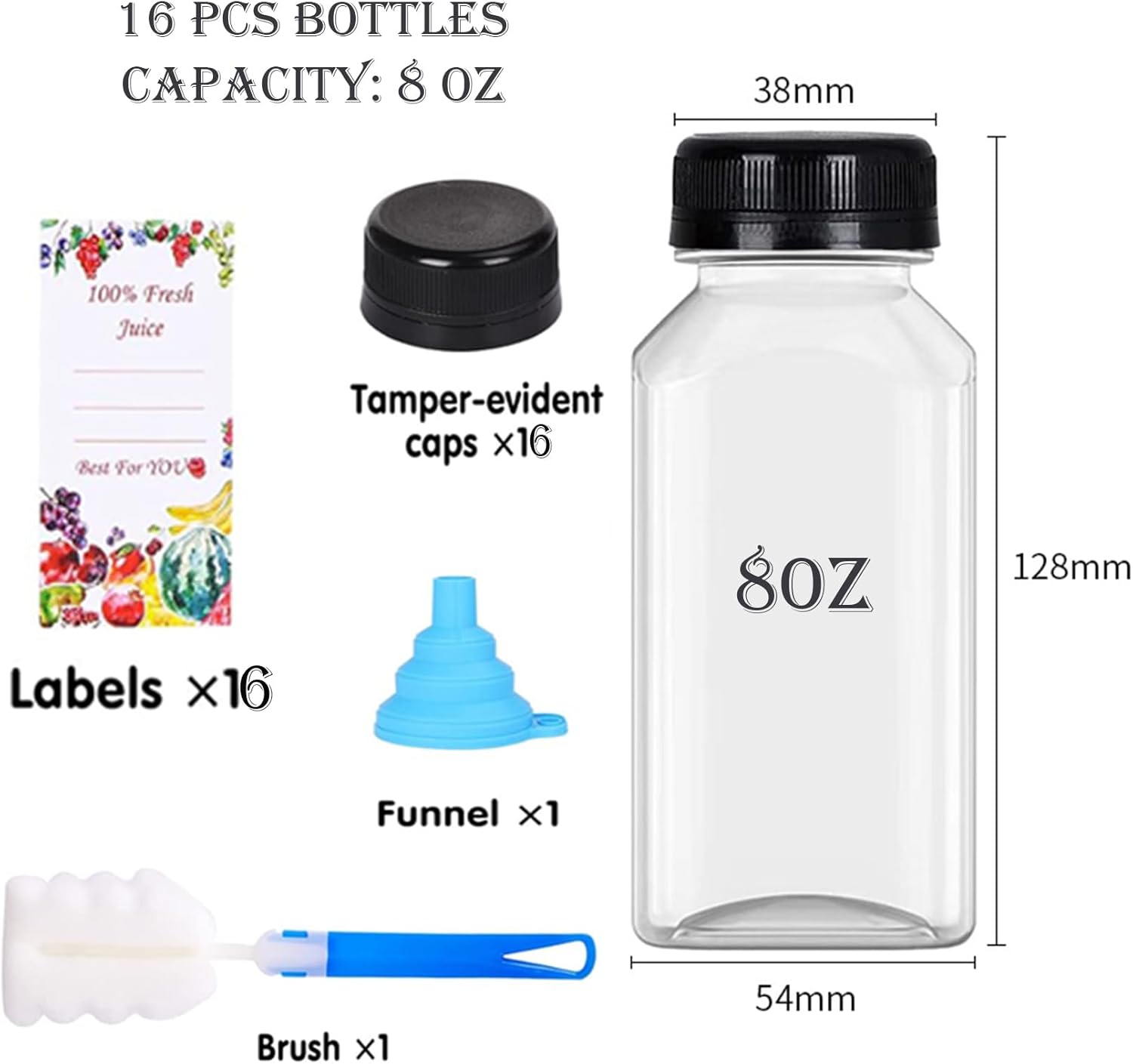 16 botellas de jugo de 8 onzas para jugos, botellas vacías reutilizables de plástico transparente con tapas negras para jugos, agua, licuados,