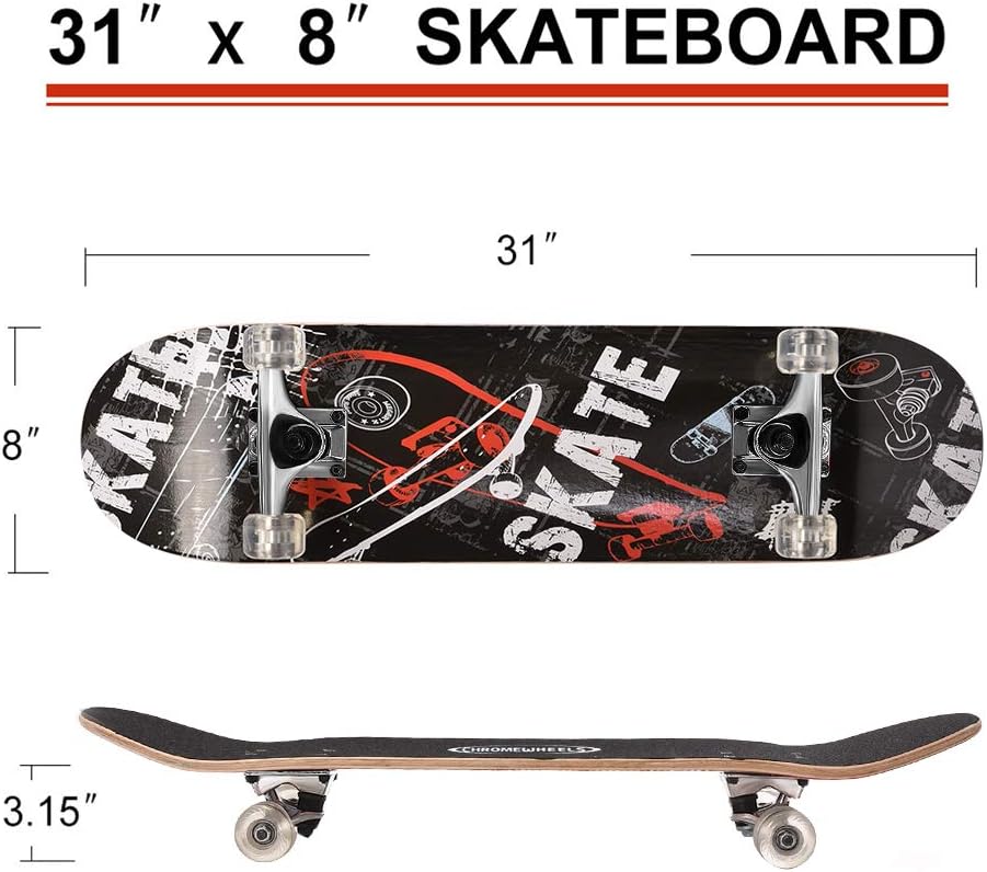 ChromeWheels Patineta de 31 pulgadas, patineta de doble patada, tabla Cruiser Longboard de 8 capas de arce para niños y principiantes