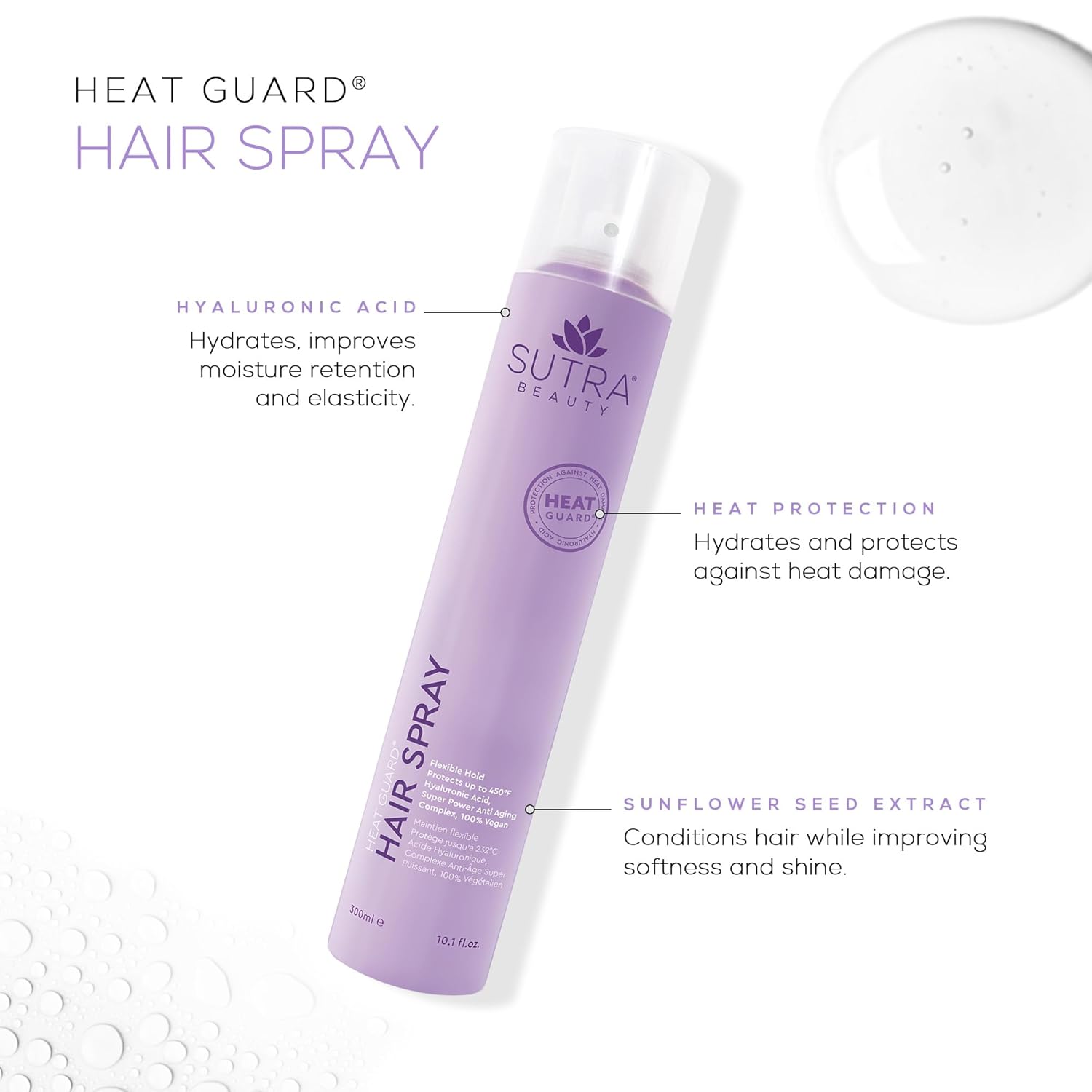 SUTRA Heat Guard – Spray para el cabello – Agarre flexible, protección térmica avanzada, infusión de ácido hialurónico y beneficios