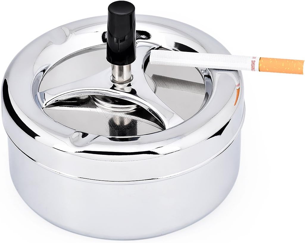 Cenicero redondo con bandeja giratoria, bandeja de metal para cigarrillos, cenicero grande de 5.2 pulgadas para patio exterior, color plateado
