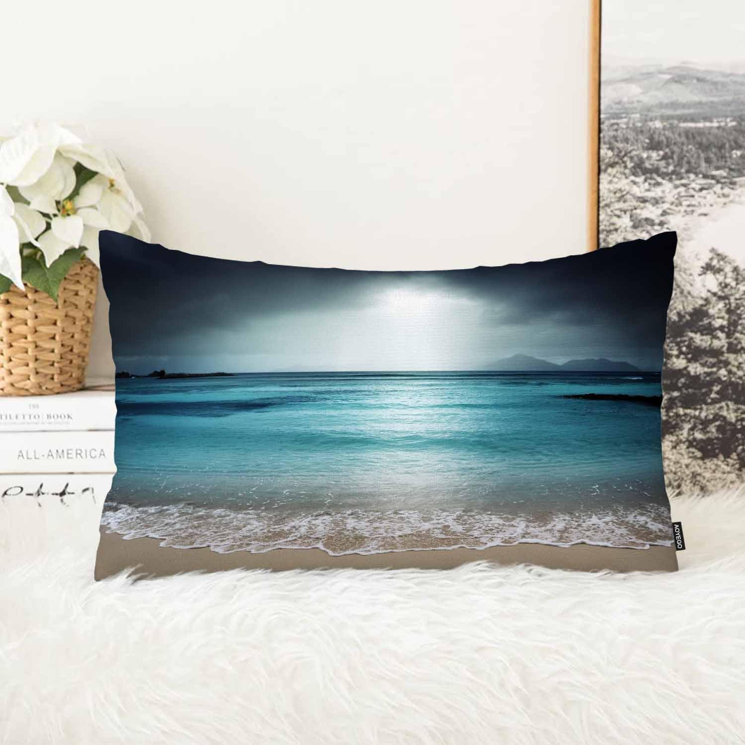 AOYEGO Funda de almohada de cielo oscuro de playa, isla océano, costera, arena, mar, olas, decoración del hogar, fundas de cojín para sofá,