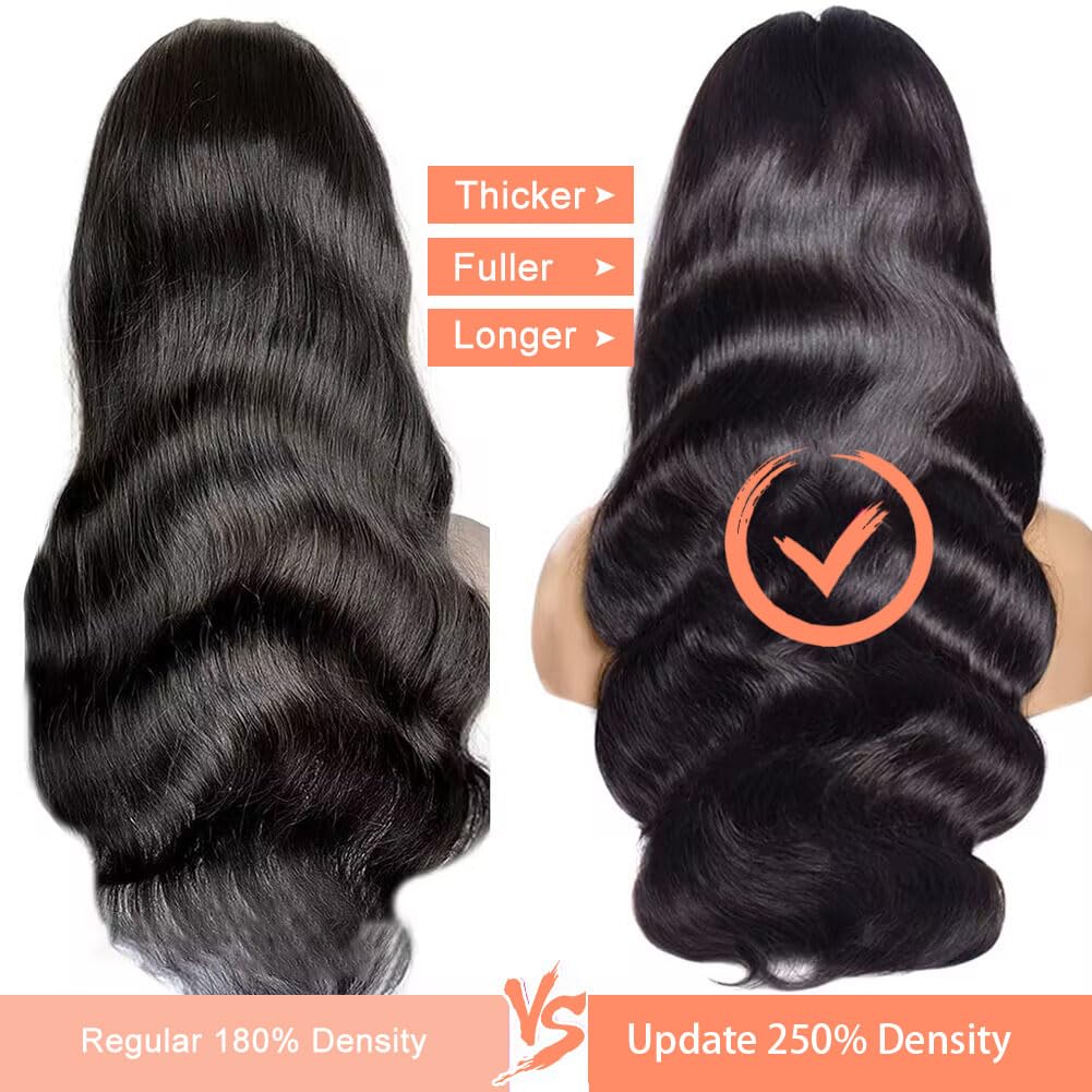 HOT STAR Pelucas de cabello humano ondulado con encaje frontal transparente HD de 13 x 6 pulgadas, densidad del 250 %, para mujeres negras, sin