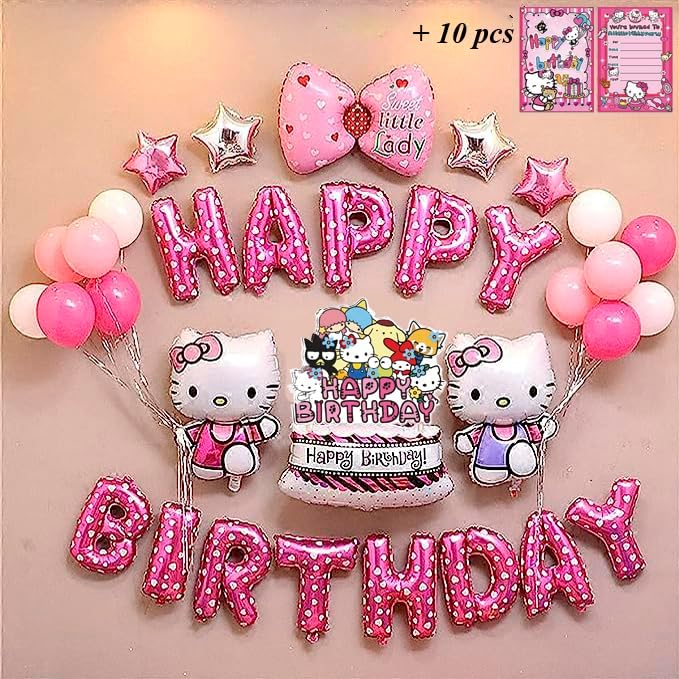 Cartel de feliz cumpleaños de 24 piezas con texto en inglés “Hello, Kitty Happy Birthday”  Conjunto divertido para decoración de fiesta  Decoración