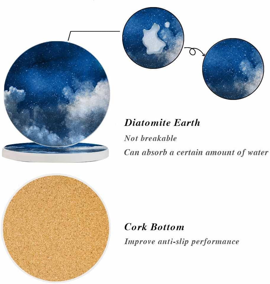oFloral Juego de 2 posavasos azules estrellados para bebidas absorbentes con estrellas brillantes y naturales, regalos de inauguración de casa,