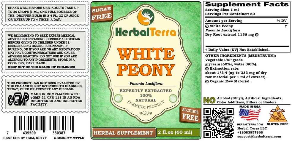 Peonía blanca (Paeonia Lactiflora) glicerita, raíces secas orgánicas sin alcohol, extracto líquido 2 oz