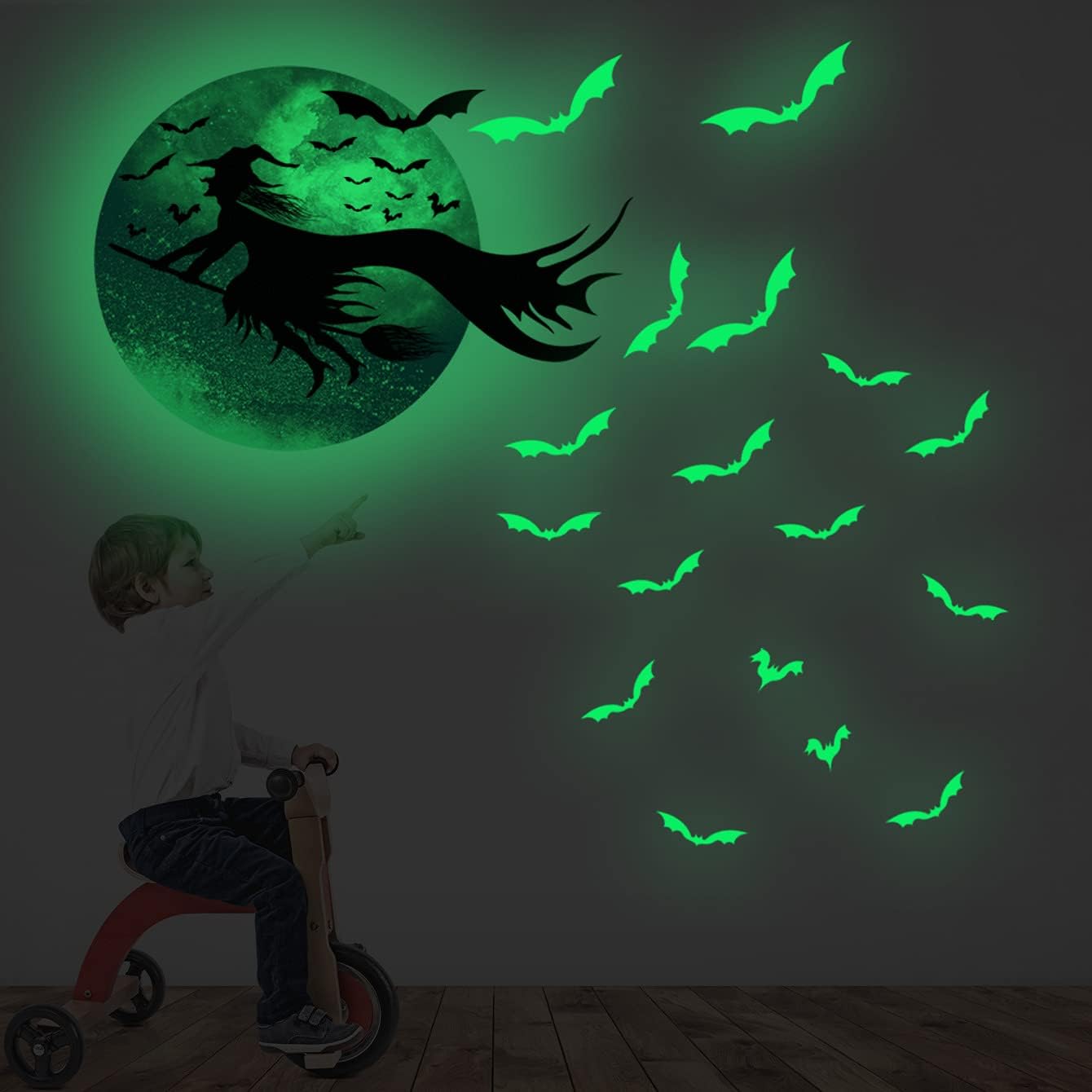 Calcomanías de Halloween que brillan en la oscuridad, decoración de bruja, luna, murciélago, decoración de pared interior y ventana