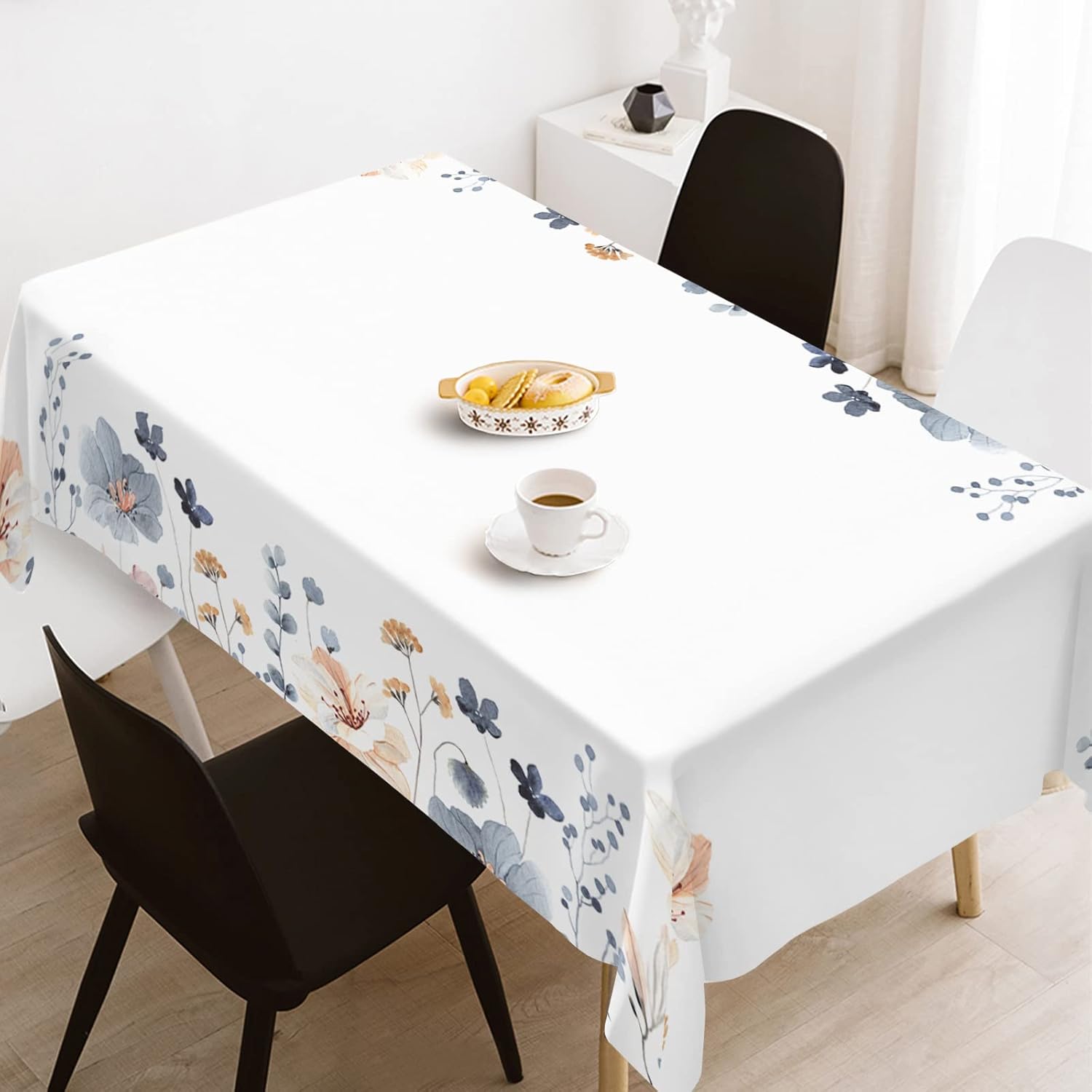 Blue Beige Flowers Fabric Waterproof Tablecloth,Rectangle Watercolor Wrinkle Oil-Proof Resistant Table Cover for Dining Table, Modern Minimalist