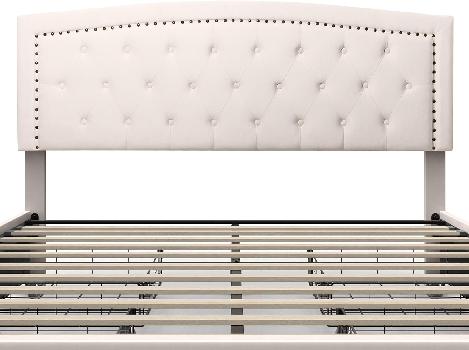 BONSOIR Base de cama de almacenamiento tamaño Queen tapizada de perfil bajo con cabecera tradicional copetuda y clavos, no necesita somier, 4