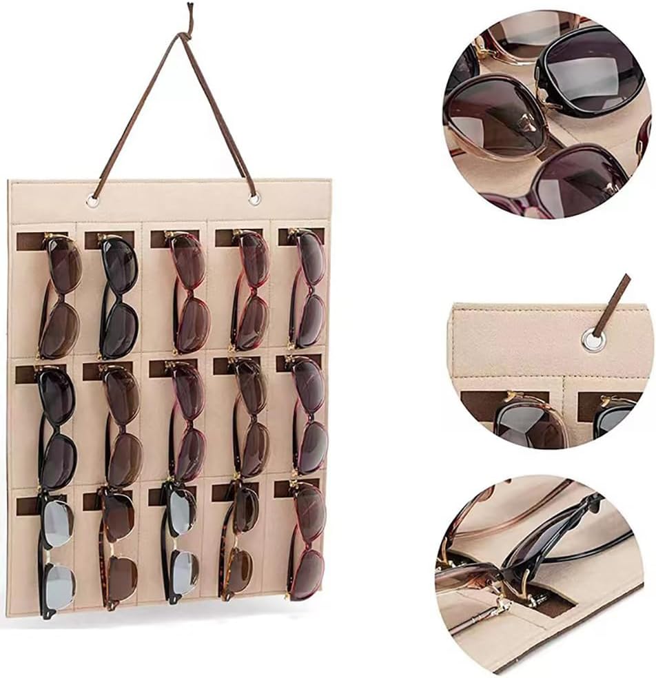 Organizador de almacenamiento para lentes de sol, organizador de gafas de pared, a prueba de polvo, bolsillo para puerta, 15 ranuras de fieltro,