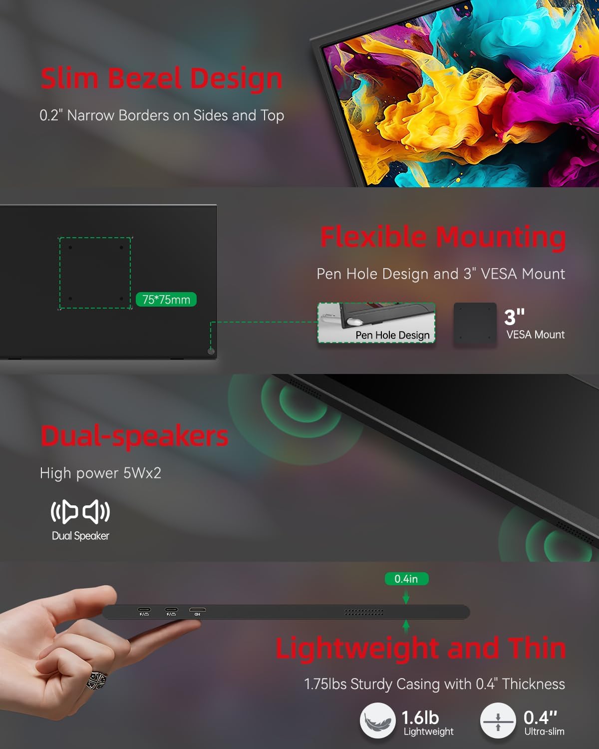 Intehill Monitor portátil para portátil y mini PC, pantalla 1080P Matt A+ de 15.6 pulgadas con USB tipo C y HDMI, monitor de viaje para nómadas