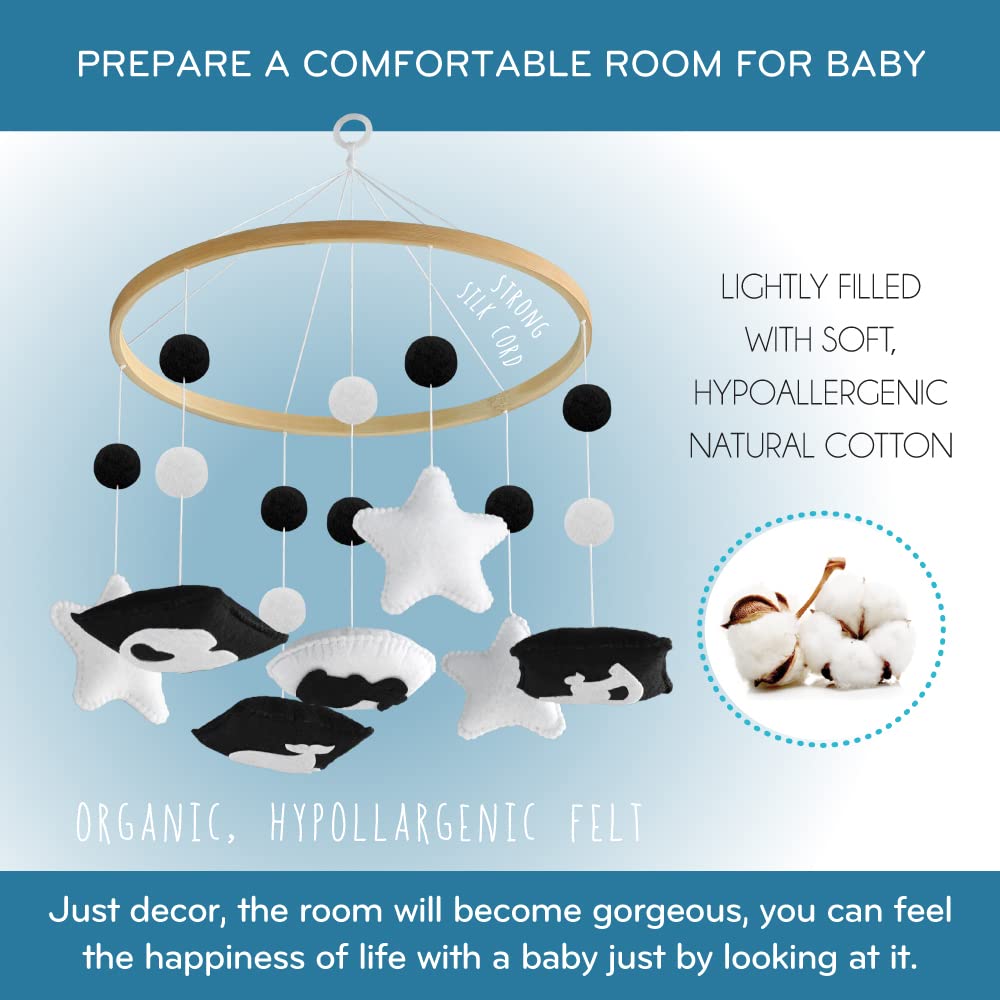 Montessori Mobile Baby para cuna – Móvil en blanco y negro para dar estimulación visual para involucrar a su recién nacido – Cuna móvil para niños y