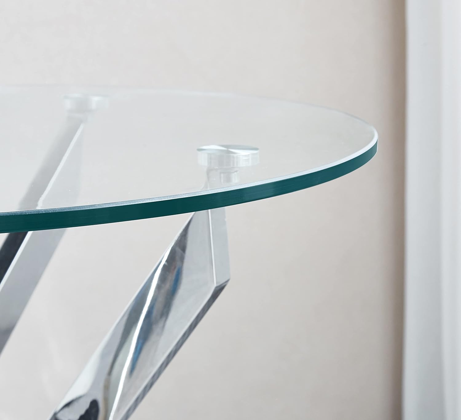 SSLine Mesa auxiliar redonda de vidrio con base plateada, pedestal de vidrio templado transparente, mesa auxiliar de lujo para sala de estar,