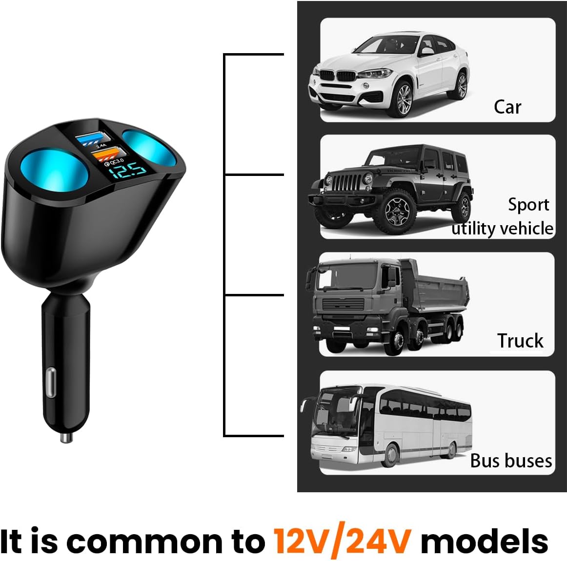 Cigarette Lighter Splitter, USB 2.4A & QC3.0 Type C with 2 Socket Cigarette Lighter Adapter, 12V24V 120W Car Charger Splitter for GPS Dash Cam