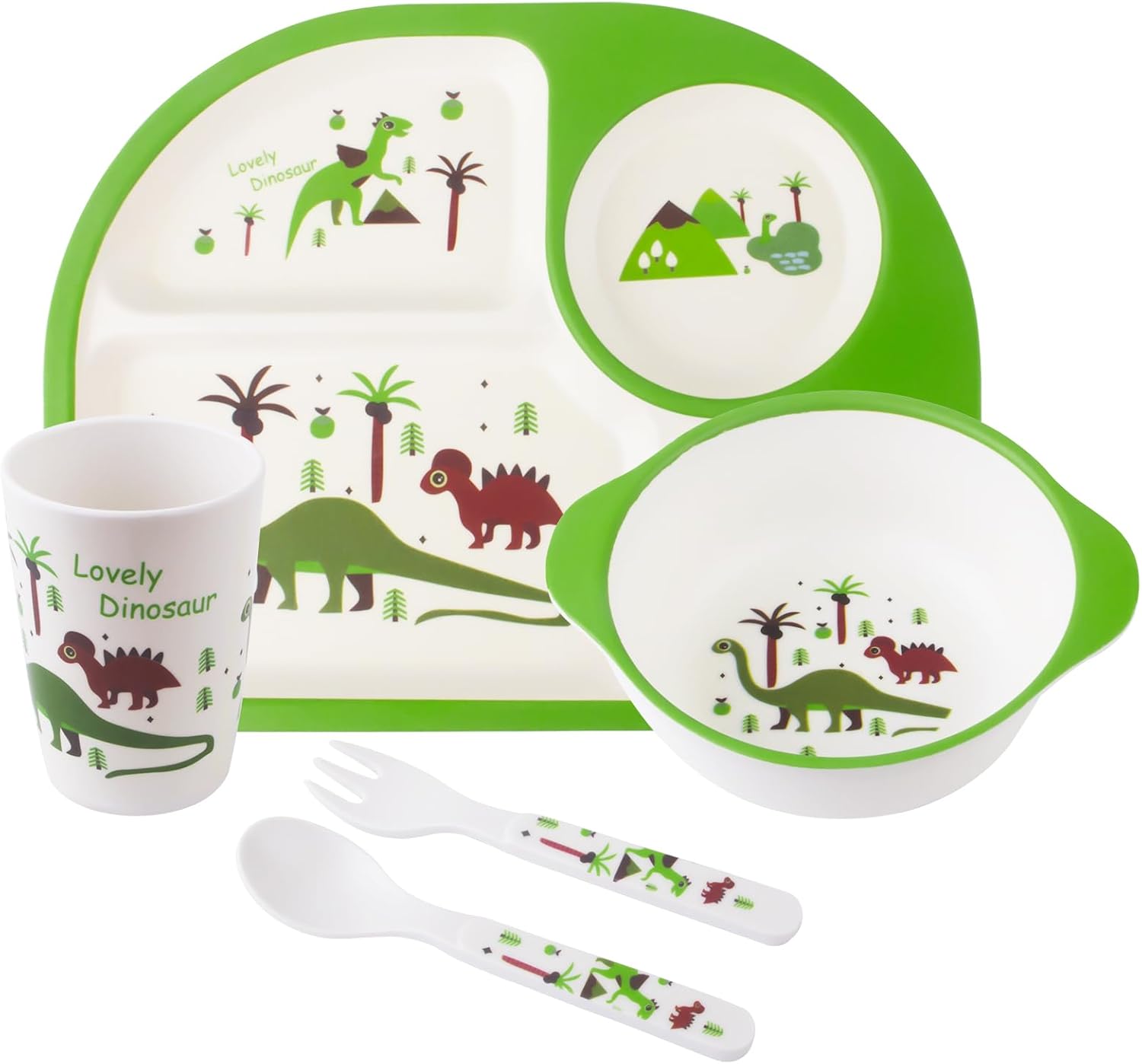 Juego de 5 piezas de vajilla para niños pequeños, incluye plato, tazón, tenedor y cuchara, cubiertos para niños, apto para lavavajillas, sin BPA