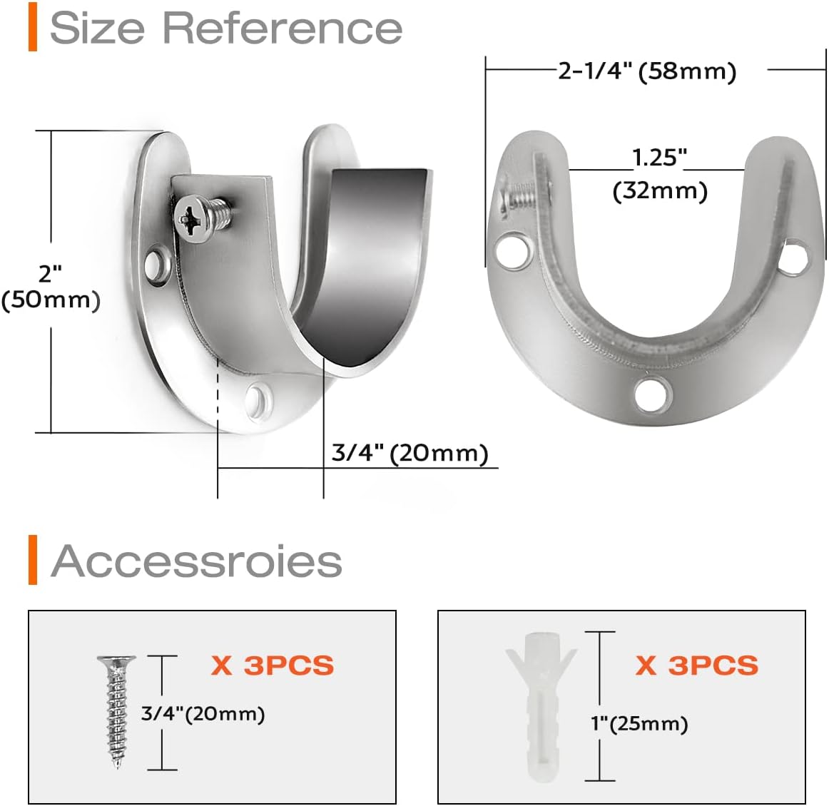 KOVOSCH Paquete de 8 soportes de barra de armario de acero inoxidable, soporte de extremo de barra de armario de 1-14 pulgadas, soporte de extremo