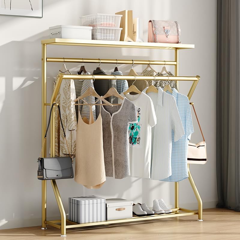 Perchero dorado resistente para colgar ropa, con doble barra, estantes y 2 ganchos, perchero independiente para organizar zapatos, bolsos,