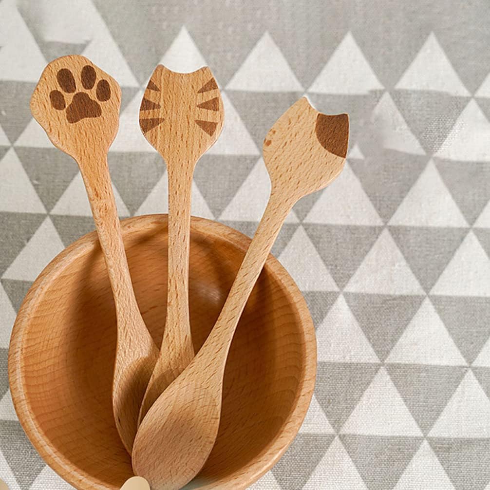 Cucharas de cocina de bambú para gatos, 2 cucharas de café de madera, lindas cucharas de sopa, cucharadita de madera para café, té, mermelada,