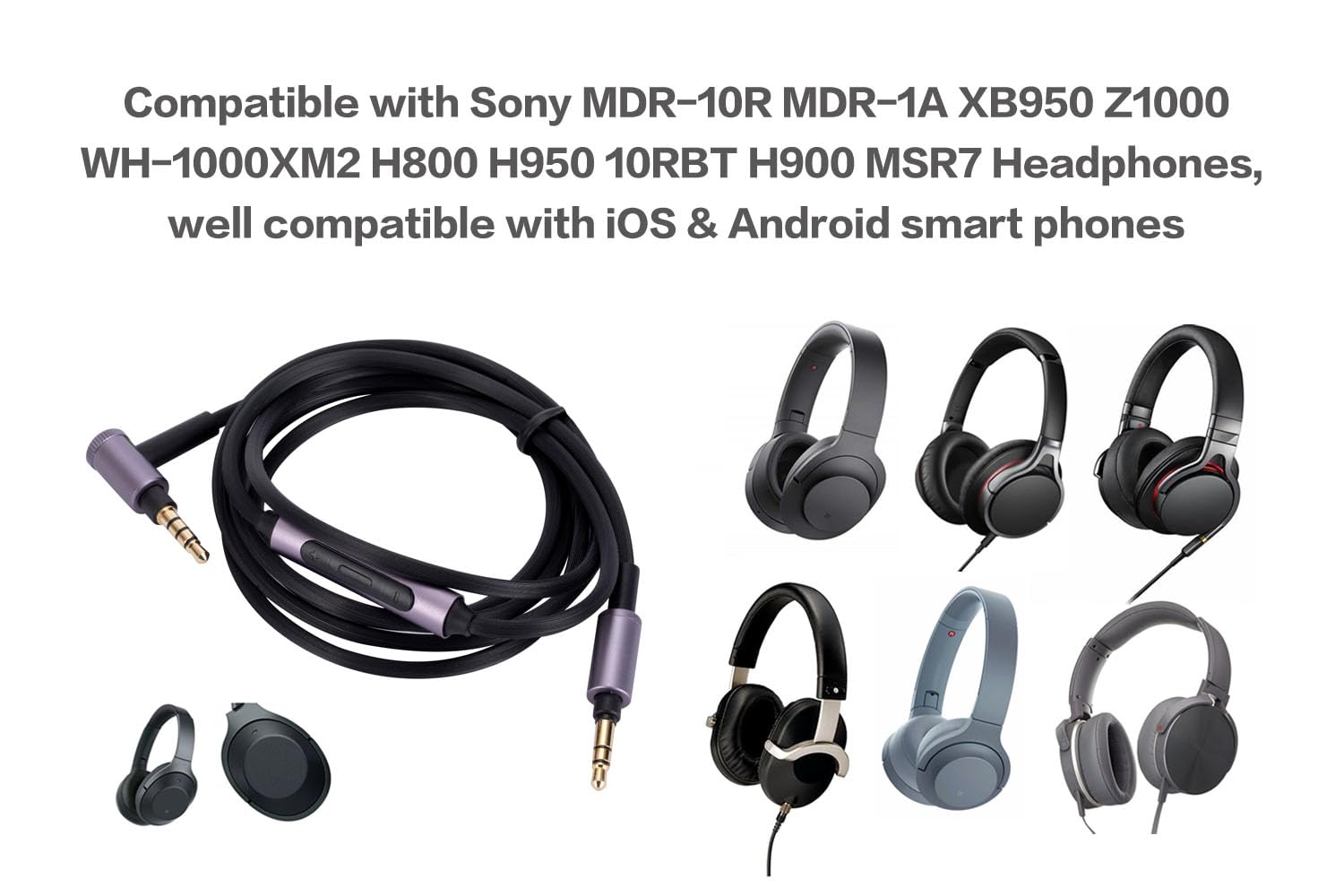 Cable de audio de repuesto para Sony, compatible con Sony MDR-10R MDR-1A XB950 Z1000 WH-1000XM2 H800 H950 10RBT H900 MSR7 auriculares 0.138 in a