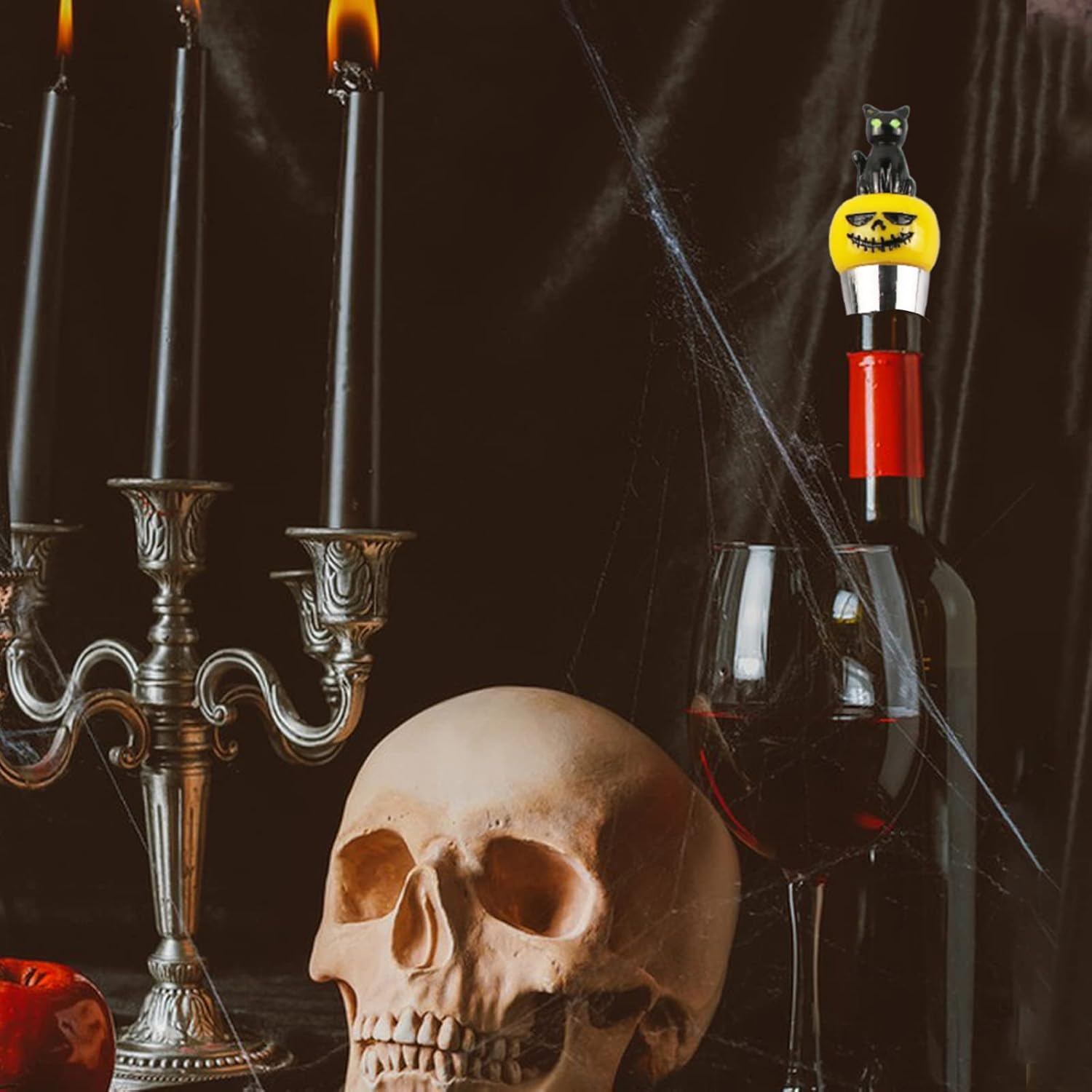 4 tapones para botella de vino de Halloween, tapón de vino de calavera, sombrero de bruja para botellas de bebidas, sombrero de calavera