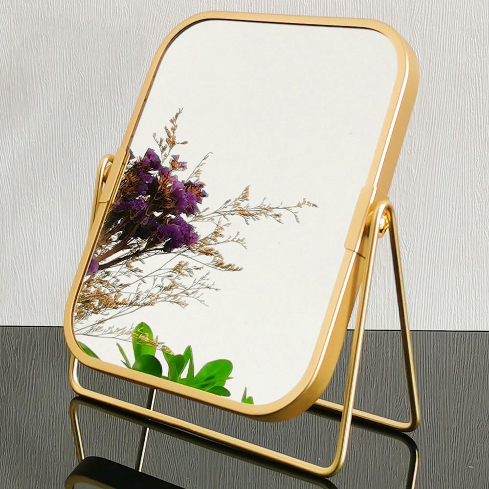 Espejo de maquillaje de mesa dorado de 2 caras, espejo de tocador de doble cara con aumento de 2X, espejo de tocador de rotación de 360 (dorado,