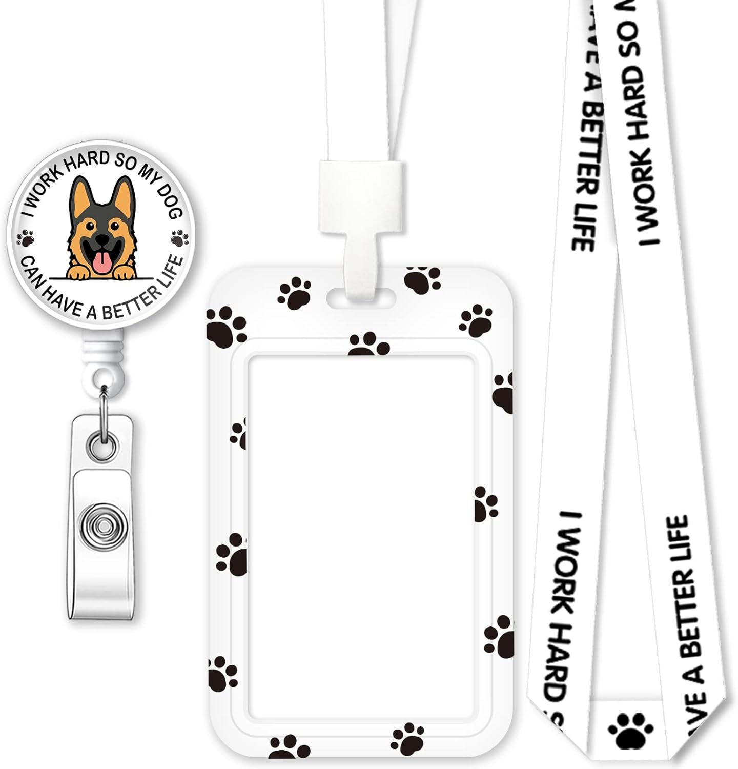 ZBBFSCSB Juego de tarjetas de identificación con texto en inglés “I Work Hard So My Dog Can Have A Better Life”, soporte retráctil para carrete de