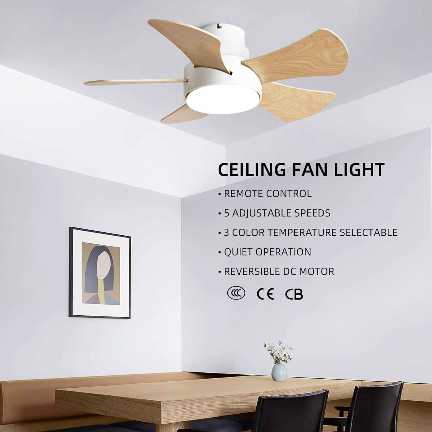 AISEHOUSIN Ventilador de techo con luz, control remoto para ventiladores de techo interiores, ventilador de techo moderno de 32 pulgadas, motor CC