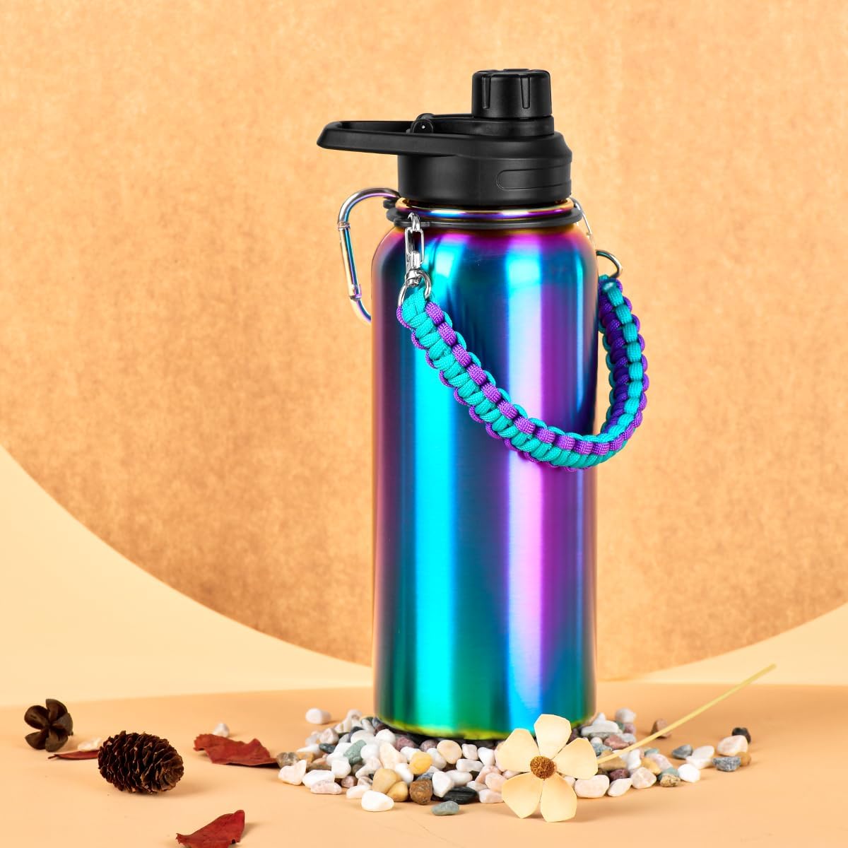 WEREWOLVES Botella de agua aislada personalizada con mango de paracaídas, tapa de popote y tapa de boquilla, botella de agua de boca ancha de acero