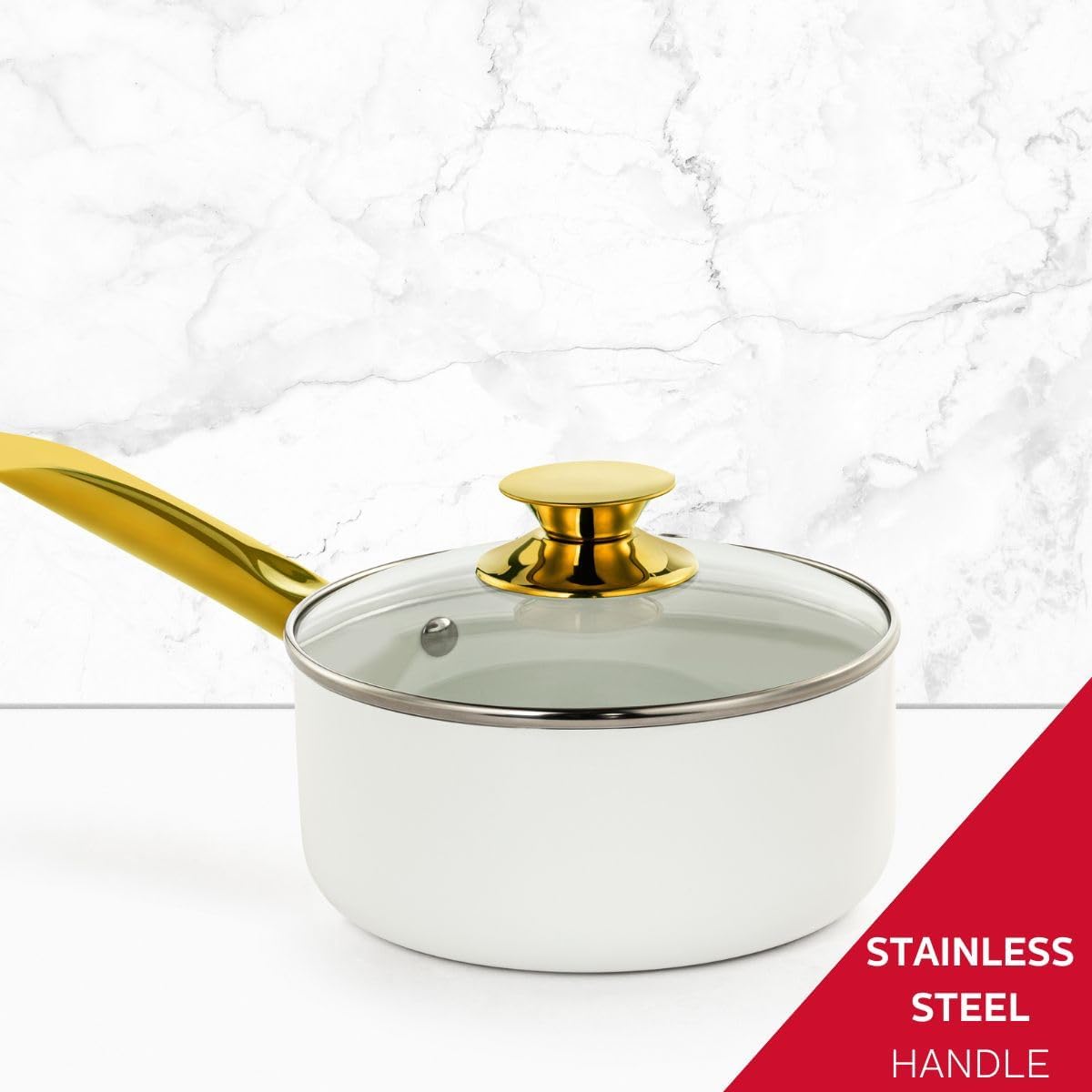 Holstein Housewares Cacerola antiadherente de cerámica blanca de 2.5 cuartos con tapa, color dorado y mango de acero inoxidable, elegancia dorada
