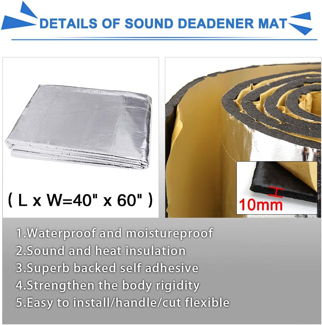 Uxcell 394mil 10mm 16.36 pies cuadrados bloque de absorción de calor y sonido para auto aislamiento tapete 60″x40″