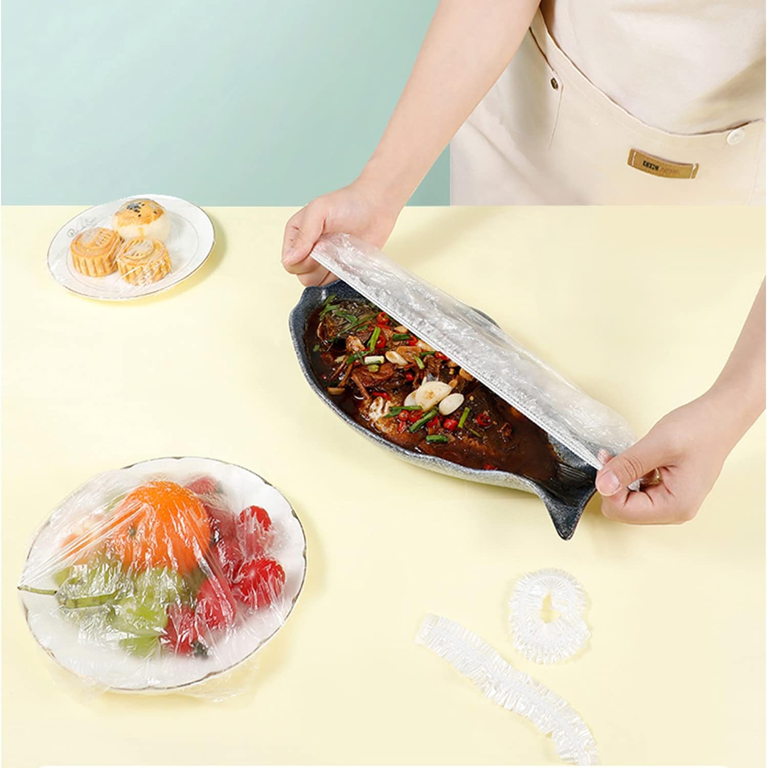 100 fundas elásticas reutilizables para almacenamiento de alimentos, cubiertas de plástico transparentes para platos de comida al aire libre