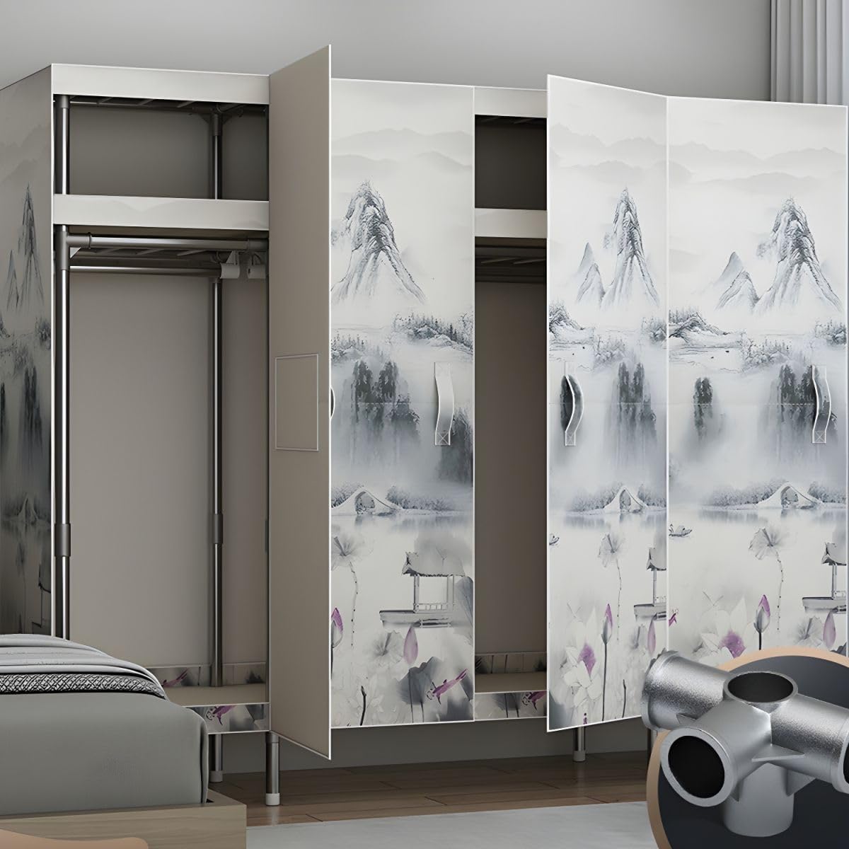 LAKIQ Armario para dormitorio, armario con puertas para colgar, estilo contemporáneo, tela con marco de acero, armario organizador de tela y armario