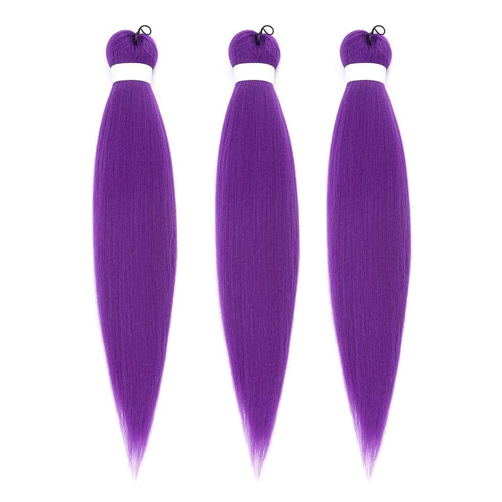 Alinyasha Cabello trenzado ignífugo preestirado morado, 3 paqueteslote, trenzas sin picazón, ajuste de agua caliente, fibra sintética, textura Yaki,