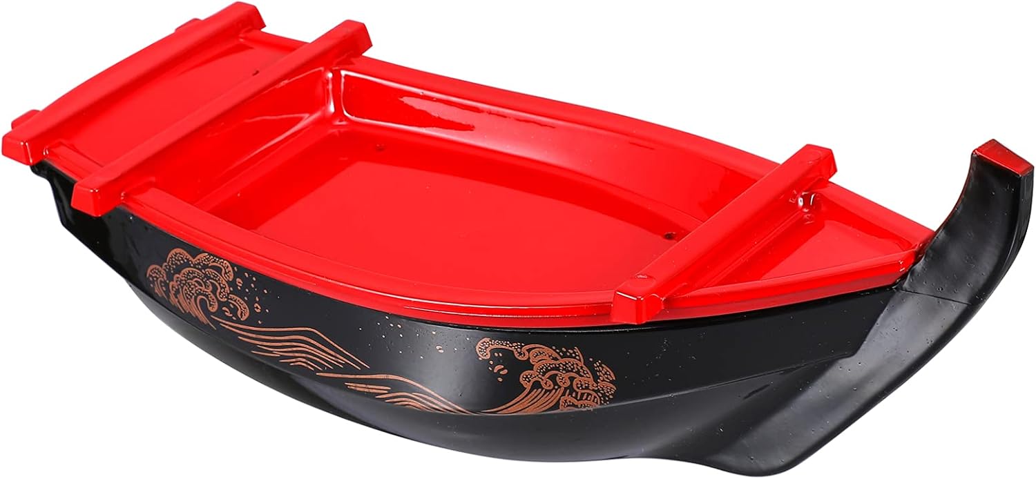 Hemoton Plato de sushi con forma de barco, plato de sushi para servir sushi, vajilla de estilo japonés, bandeja de plástico de melamina, bandeja