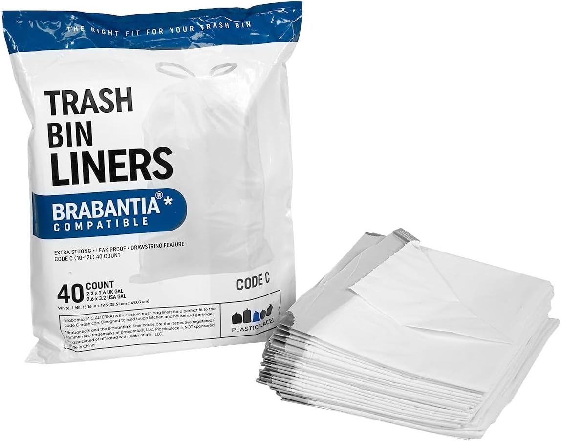 Plasticplace 2.6-3.2 Galones Brabantia (x) Compatible Code C Bolsa de Basura, 1.0 Mil, Blanco Bin Liner, 15″W x 19″H, (40 caja)