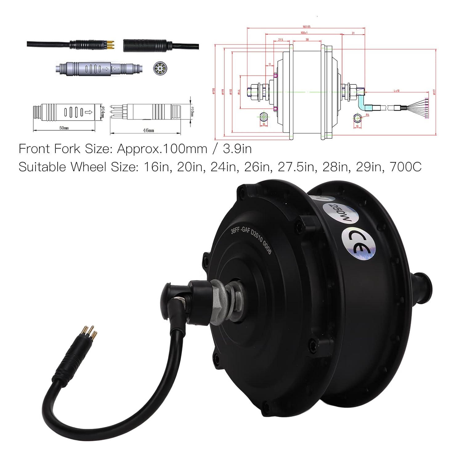Motor eléctrico de cubo de bicicleta, 36 V 250 W, impermeable, rueda delantera, kit de motor de conversión de bicicleta eléctrica con 3 modos de