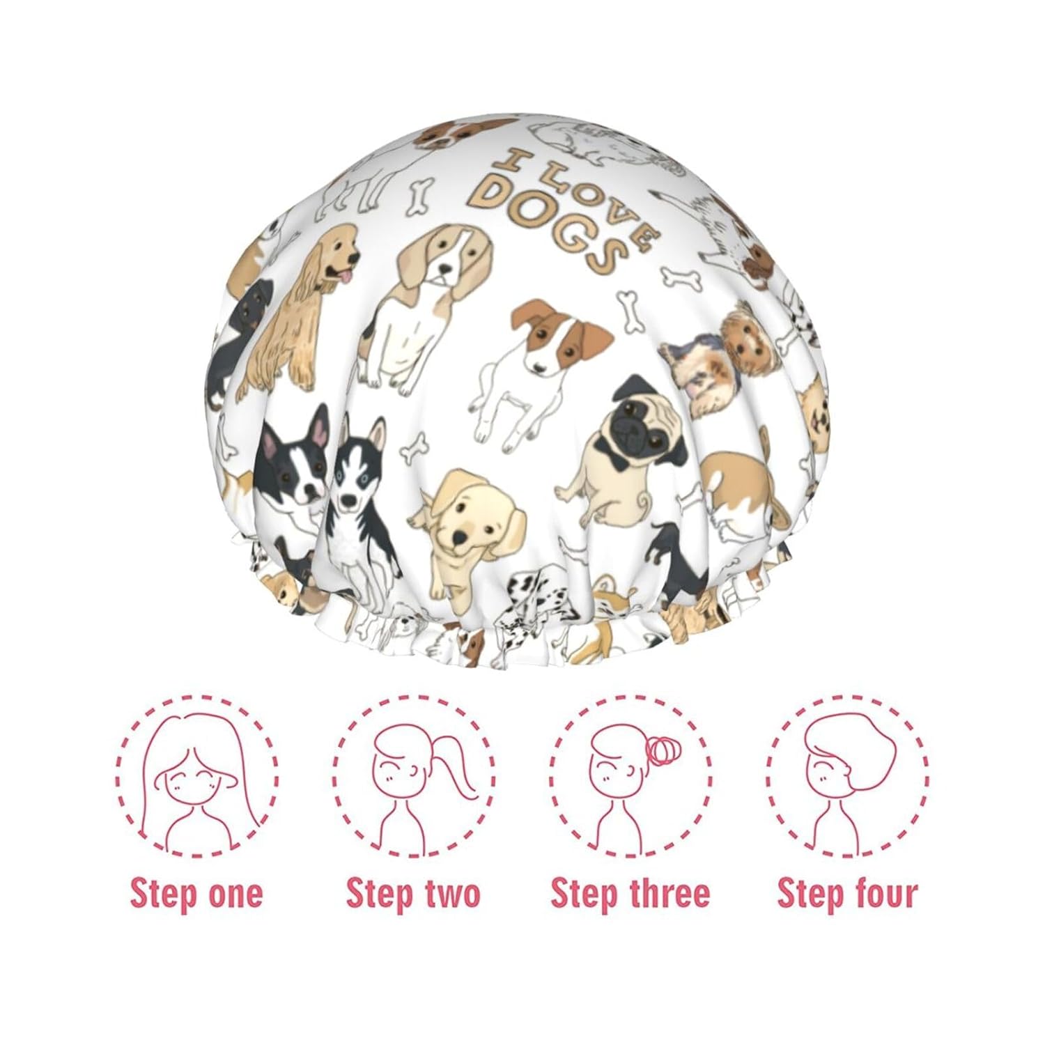 Gorros de ducha, sombrero de baño de doble capa compatible con lindos dibujos de mascotas con estampado de perros para mujeres, cubierta de pelo