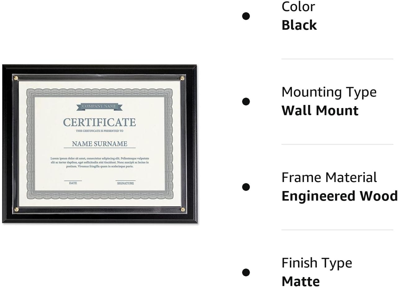 Fine Stationery Placa plana negra con certificado de premio, certificado o diploma deslizable de 8.5 x 11 pulgadas, marco de pared