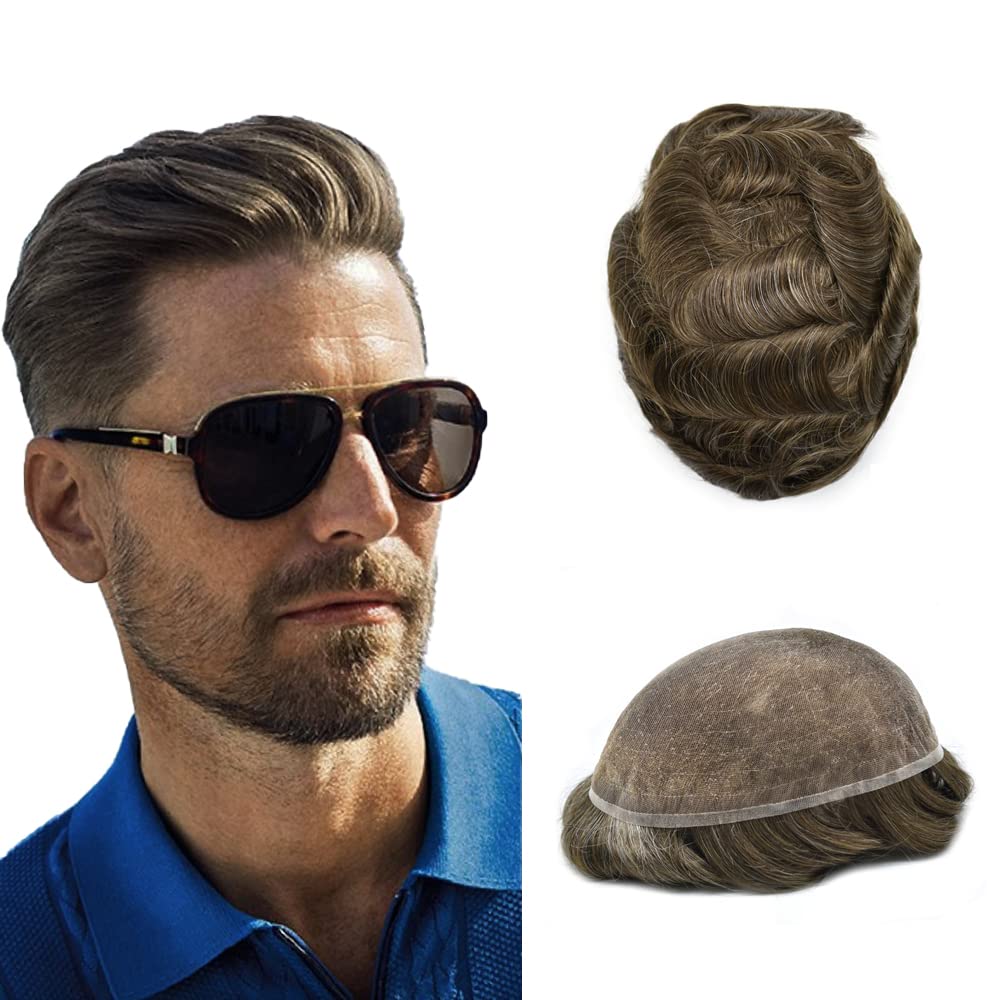 Pieza de pelo tipo tupé para hombres, encaje suizo suave, cabello humano real, tupé para hombres, unidades de cabello con nudo blanqueado, sistema