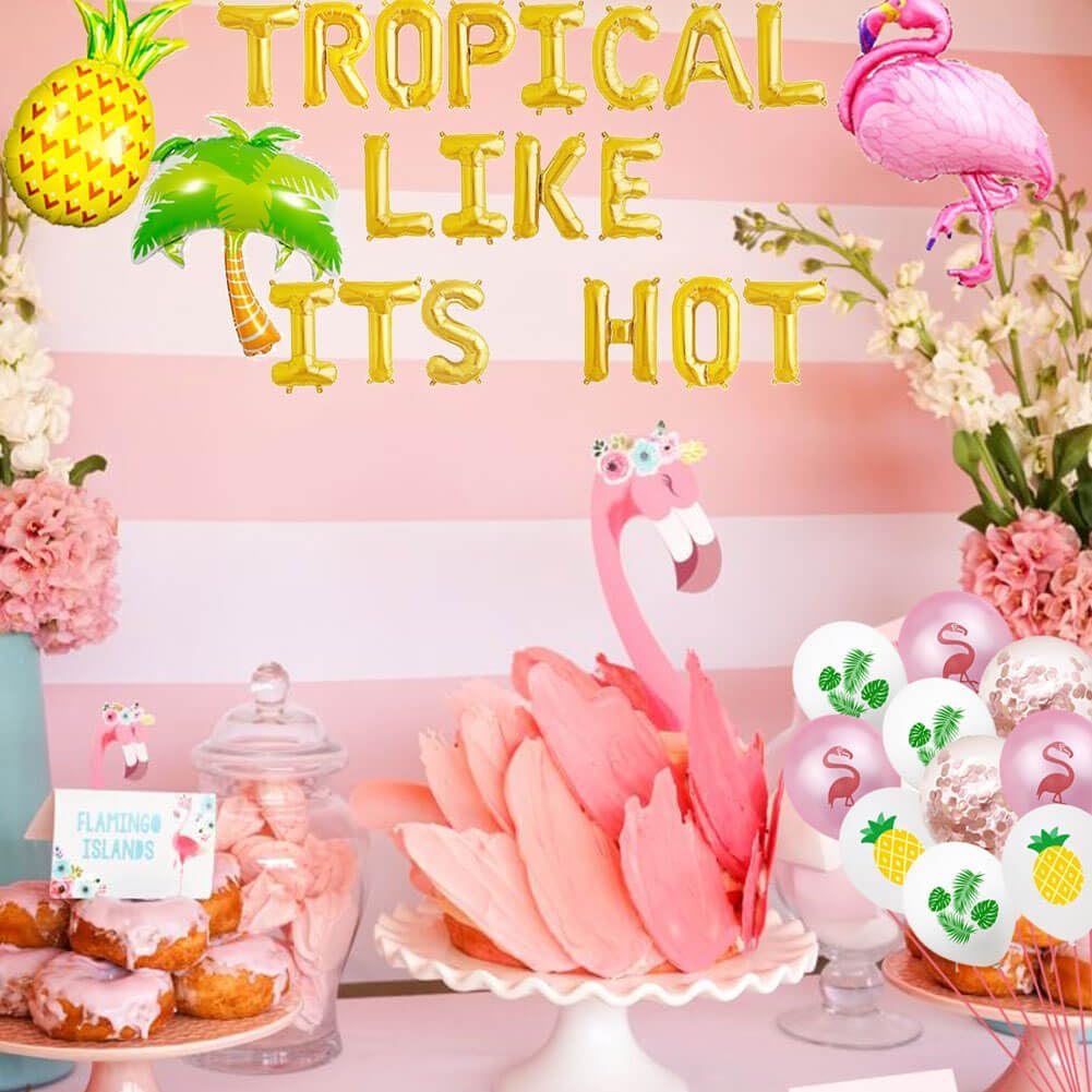 Vetwo Decoraciones tropicales de despedida de soltera, globos tropicales dorados con texto en inglés “Like its Hot Balloons”, playas, cocoteros,